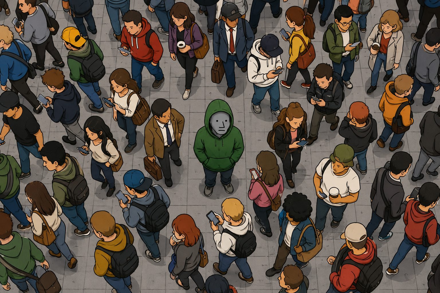 A crowd of people on their phones seen from above, with the Hooded NPC standing motionless in the middle, hands in pocket, looking straight ahead.